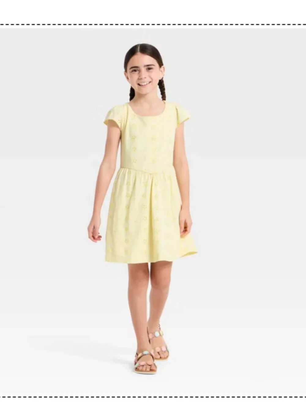 Cat & Jack Girls' Short Sleeve Knit Eyelet Dress -  Pale Yellow S (6/7)